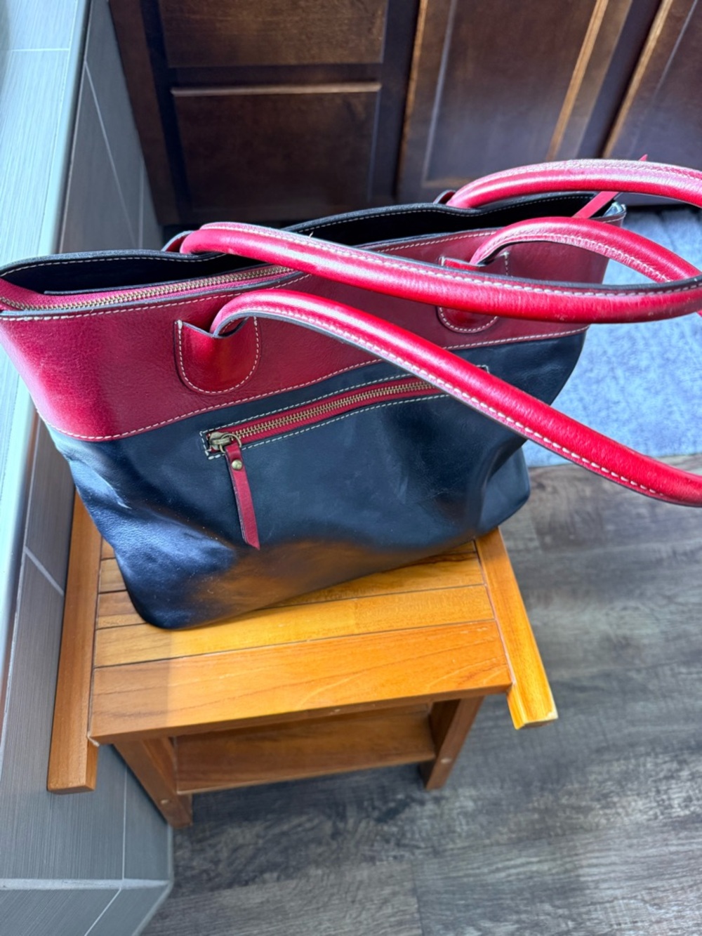 Classic Black and Red Leather Tote Bag